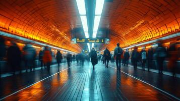 Commuters navigate through a lively subway station illuminated by warm orange tones, emphasizing the efficiency of urban transit during peak evening hours. photo