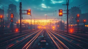 Trains stand still as dusk settles, illuminated signals glowing in the twilight. Railway tracks stretch endlessly, emphasizing automated mobility in urban infrastructure. photo