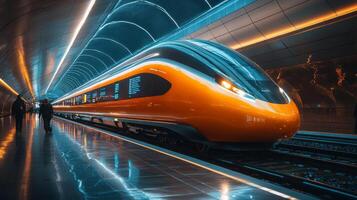 A sleek high speed train prepares for departure at a futuristic railway station with illuminated architecture and a focus on efficient mobility and infrastructure photo