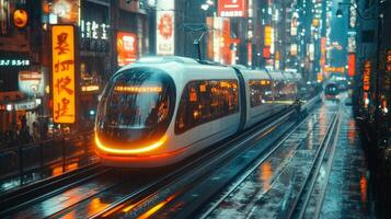 A subway train moves smoothly along tracks in an urban environment. Rain falls softly as colorful neon signs illuminate the scene, creating a lively atmosphere for nighttime commuters. photo