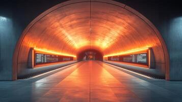 This subway station showcases a geometric tunnel illuminated by orange lighting, promoting a modern transit infrastructure for urban commuters. The design emphasizes mobility and automation. photo