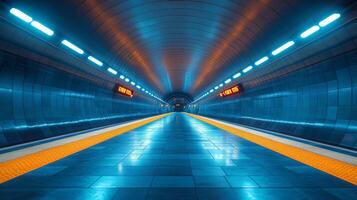 An urban metro tunnel features sleek architecture with bright lighting and vibrant colors. Automatic signs display information, enhancing commuter experience in the subway system. photo