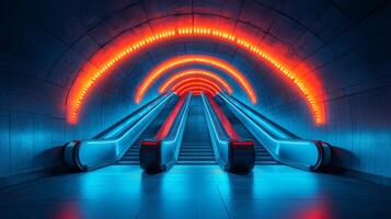 Brightly lit escalators ascend in a contemporary subway station, showcasing vibrant colors and enhancing commuter mobility during peak transit times in an urban environment. photo