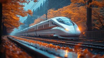 A fast train travels along railway tracks surrounded by colorful autumn trees, creating a striking contrast against the misty backdrop during early morning. photo