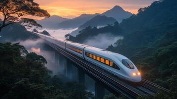 A sleek maglev train glides gracefully over a bridge in the mountains at sunrise, shrouded in a soft mist that blankets the valley below, creating a serene atmosphere. photo