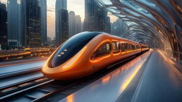 A sleek, orange high speed maglev train waits at a railway station during twilight, with towering skyscrapers contrasting against the dimming sky, showcasing advanced urban infrastructure. photo