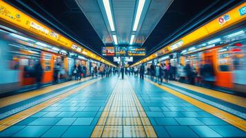 A busy subway station filled with commuters moving along the platform while trains arrive and depart. Bright advertising lights and signage enhance the urban experience. photo