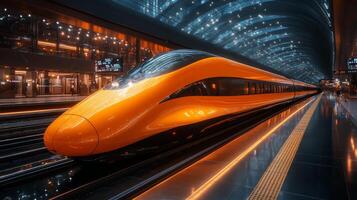 A highspeed maglev train, featuring a vibrant orange exterior, is stationed at a cutting edge railway terminal. Bright lights and sleek architecture enhance the atmosphere. photo