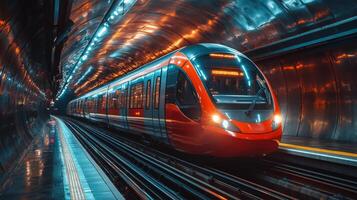 A subway train in vibrant red arrives at a busy underground station showcasing a sleek design and automated features, illustrating the efficiency of urban transit systems in modern cities photo