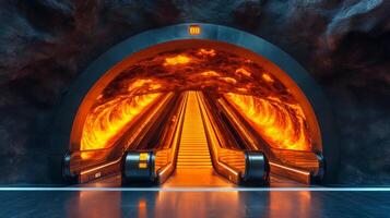 This urban subway station features a striking escalator leading into a captivating tunnel illuminated by vibrant colors, symbolizing modern transport infrastructure and enhanced commuter experience. photo
