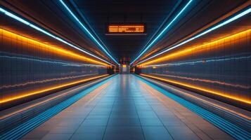 A subway platform features vibrant blue and orange lights illuminating the tiled walls and floor. The atmosphere reflects a modern transit hub designed for commuter convenience. photo