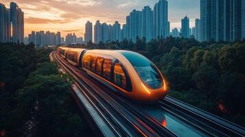 A sleek maglev train moves swiftly along elevated rails, surrounded by modern skyscrapers. The sunset casts a warm glow, highlighting the integration of technology and urban life. photo