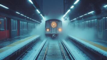 A commuter train approaches the platform in a chilly urban subway station at night. Frost coats the ground while fog billows around the train. photo