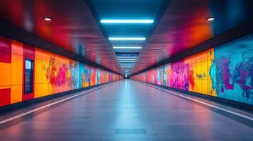 Brightly lit corridor in a modern subway station, showcases colorful wall art while commuters navigate through this bustling urban transit hub during peak evening hours. photo