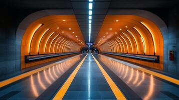 Subway station features a long platform illuminated by warm orange lighting, with smooth reflective flooring and a futuristic architectural design enhancing commuter experience. photo