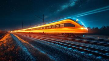 Brightly lit train glides along the railway tracks at high speed. The starry night sky creates a stunning backdrop for this advanced mode of transport, showcasing modern mobility in action. photo