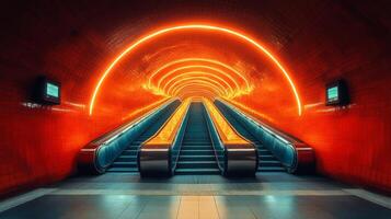Commuters ascend the escalators of a colorful subway station illuminated by neon lights. The warm glow contrasts sharply with the sleek modern structure, evoking an energetic urban atmosphere. photo
