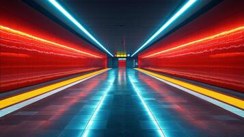 A brightly lit subway station features sleek, red walls and glowing lights, creating a stunning visual for commuters in an urban transportation hub. photo