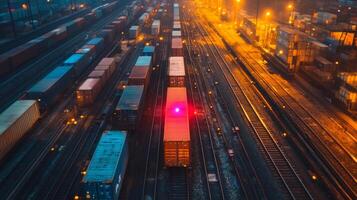 Containers are lined up in a railway yard as automated trains navigate the tracks, with warm lights illuminating the scene during the evening. photo