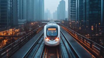 A sleek high speed train glides along elevated tracks surrounded by towering skyscrapers. The atmosphere is misty, capturing the essence of advanced rail mobility in a bustling urban environment. photo