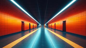 Modern transit station features bright orange walls and illumination, creating an engaging atmosphere for commuters navigating the urban subway system during peak hours. photo