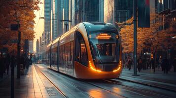 A sleek tram glides along the tracks in a bustling urban environment. Commuters walk alongside in the warm glow of sunset, framed by reflective skyscrapers and autumn trees. photo