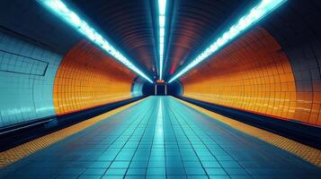 Vividly lit subway tunnel illustrates advanced urban mobility and infrastructure in a metropolitan setting during evening hours, highlighting automated transit solutions for commuters. photo