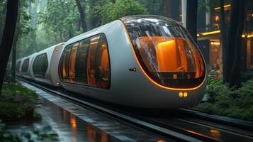 An automated train elegantly travels along tracks surrounded by lush greenery in an urban setting, enhancing mobility and transportation efficiency on a rainy day. photo