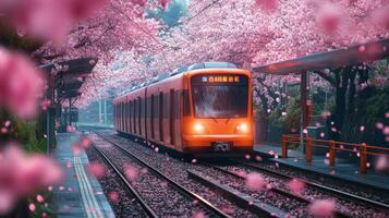 An orange subway train travels through a picturesque scene where cherry blossoms bloom along the tracks, creating a stunning contrast with the urban environment in spring. photo