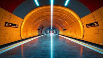 Subway station showcases unique tunnel design with bright orange hues and smooth flooring, creating an inviting atmosphere for commuters in an urban environment. photo