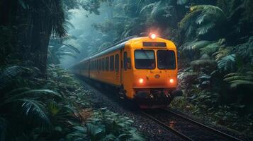 A bright yellow train moves silently through a lush green forest, surrounded by tall trees and dense foliage, highlighting the integration of urban transit in natural landscapes. photo