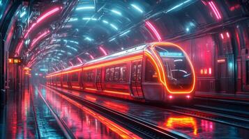 A sleek subway train waits at a platform, glowing with neon lights while casting reflections on wet tracks. The environment showcases cutting edge urban transit design. photo