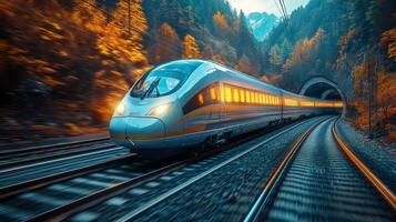A sleek high speed train moves swiftly around a bend, entering a mountain tunnel surrounded by colorful autumn trees under a clear sky. photo