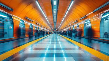 A vibrant subway station filled with commuters swiftly moving along the platform, illuminated by artistic orange walls that reflect modern urban transit design during busy travel hours. photo