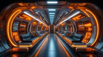 Sleek subway interior showcases a spacious corridor with illuminated seating and high tech displays, enhancing the commuter experience in an urban transit system. photo