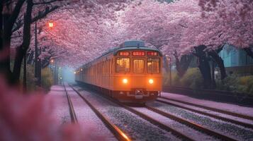 A high speed train glides smoothly along the railway surrounded by cherry blossom trees in full bloom, creating a picturesque scene that highlights nature and transportation. photo