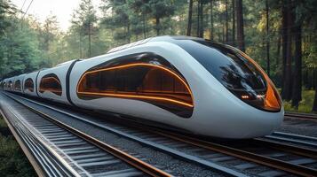 A sleek maglev train glides silently along railway tracks in a vibrant green forest. Its futuristic design highlights advancements in transportation and automation technology. photo