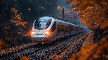 A high speed train glides smoothly along the railway tracks surrounded by trees displaying vibrant autumn foliage, creating a serene and striking landscape. photo