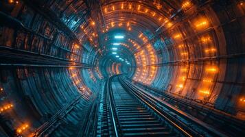 A brightly lit subway tunnel features glowing lights illuminating the curved tracks, highlighting the efficiency of urban transportation infrastructure for commuters. photo