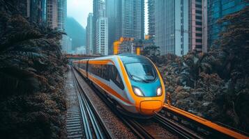 A sleek high speed train travels along railway tracks, passing through a vibrant city with tall skyscrapers and rich vegetation, showcasing a blend of nature and modern infrastructure. photo