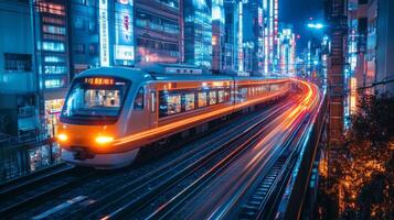 A high speed train accelerates along a railway track illuminated by neon lights in a bustling city. The scene highlights modern transportation and the synergy of mobility and technology. photo