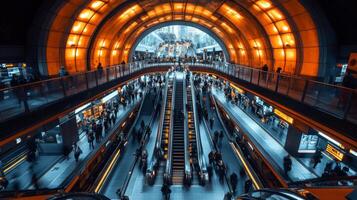 A bustling metro station filled with commuters navigating escalators and platforms, surrounded by striking architectural features and vibrant lighting during peak hours. photo