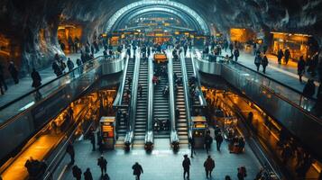 Evening rush hour sees a bustling subway station as numerous commuters use escalators to access trains. The architectural design features unique lighting and textures. photo