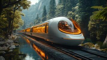 A high speed maglev train travels smoothly along rails nestled among dense trees and a tranquil river at dusk, showcasing futuristic design and glowing elements. photo