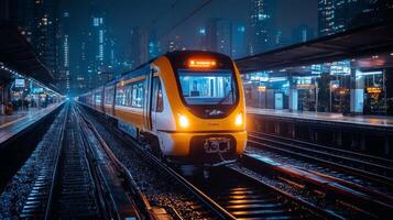A high speed train is stationed at a bustling railway platform surrounded by illuminated skyscrapers, reflecting the modern infrastructure of urban transit systems. photo