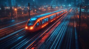 A high speed train glows with bright colors as it moves along a railway track surrounded by city lights, showcasing the integration of modern transportation and urban infrastructure. photo