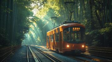 A bright orange tram moves smoothly along tracks in a serene bamboo forest, with sunlight filtering through the trees, creating a peaceful urban transit atmosphere perfect for commuters. photo