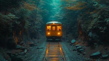 A vintage train travels along a secluded track surrounded by lush greenery and rocks, illuminated warmly as dusk begins to settle in, capturing the essence of urban mobility in nature. photo