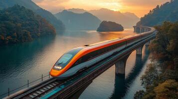 A high speed train glides over a bridge above a tranquil river while surrounded by lush mountains during sunset, showcasing advanced transportation technology in a picturesque setting. photo