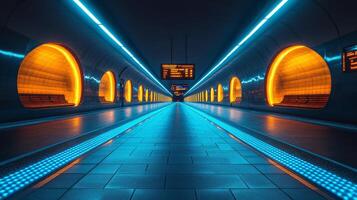 Brightly lit subway station features glowing round windows and automated transit displays, creating a futuristic urban mobility experience during the evening. photo